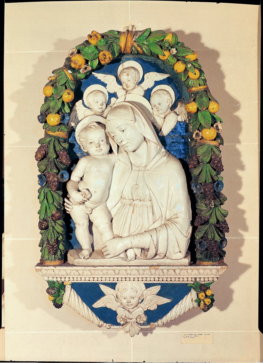 Neitsyt ja lapsi (monivärinen lasitettu terrakotta) tekijältä Andrea Della Robbia