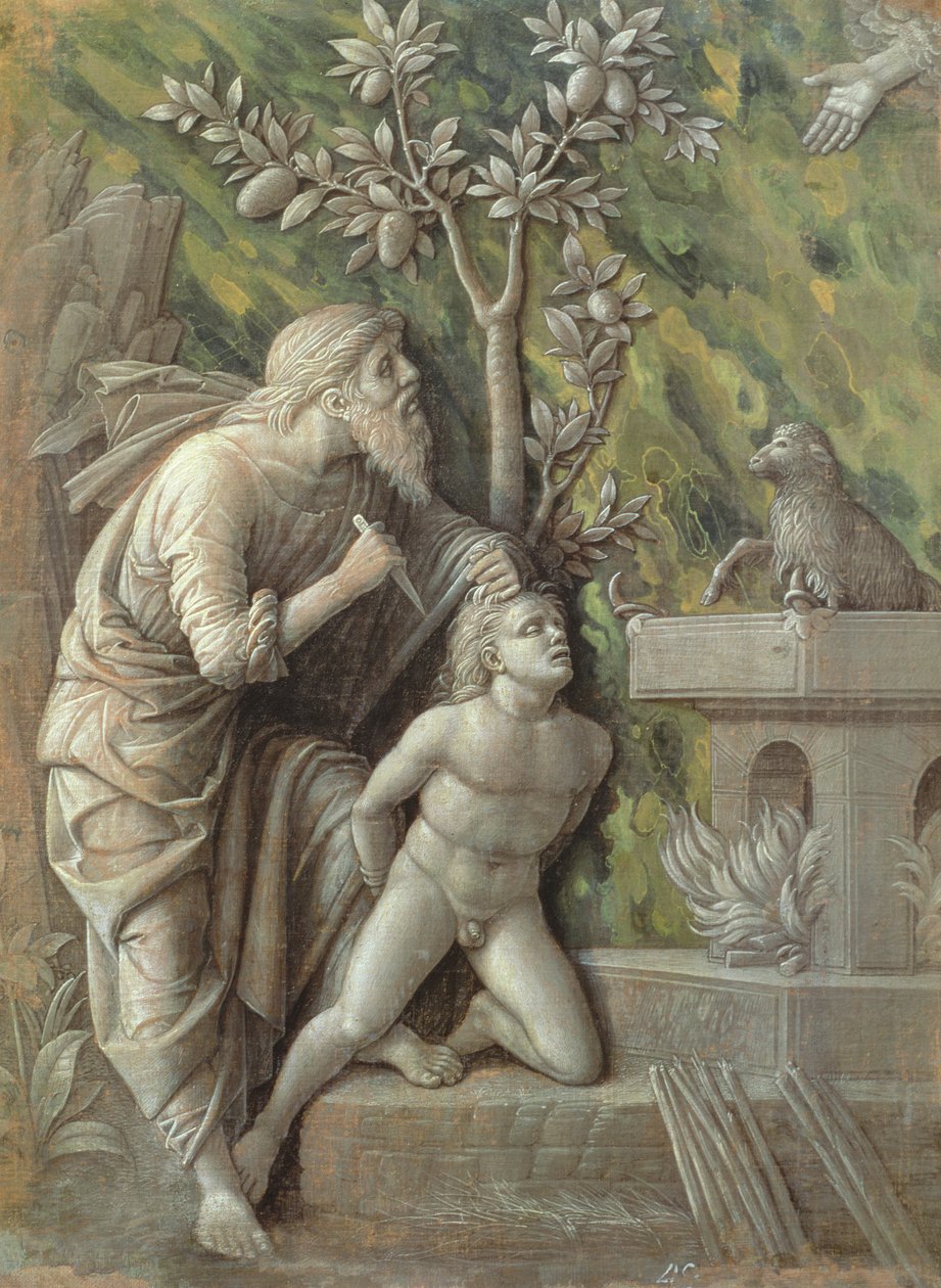 Abraham uhraa Iisakin, n. 1490-1495 tekijältä Andrea Mantegna