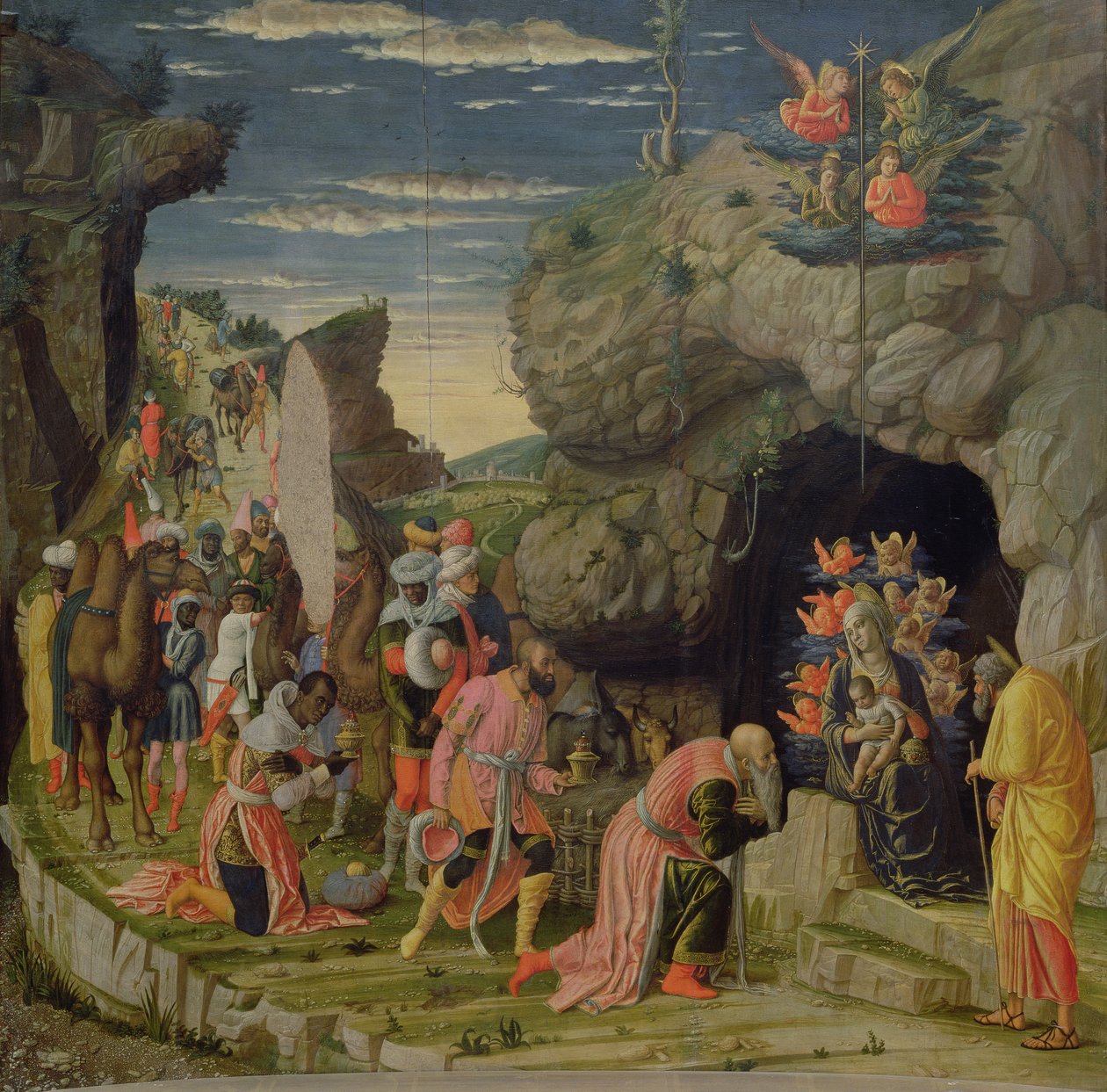 Adoration of the Magi, keskustaulu alttaritaulusta, n.1466 (tempera paneelissa) (katso myös 50042) tekijältä Andrea Mantegna