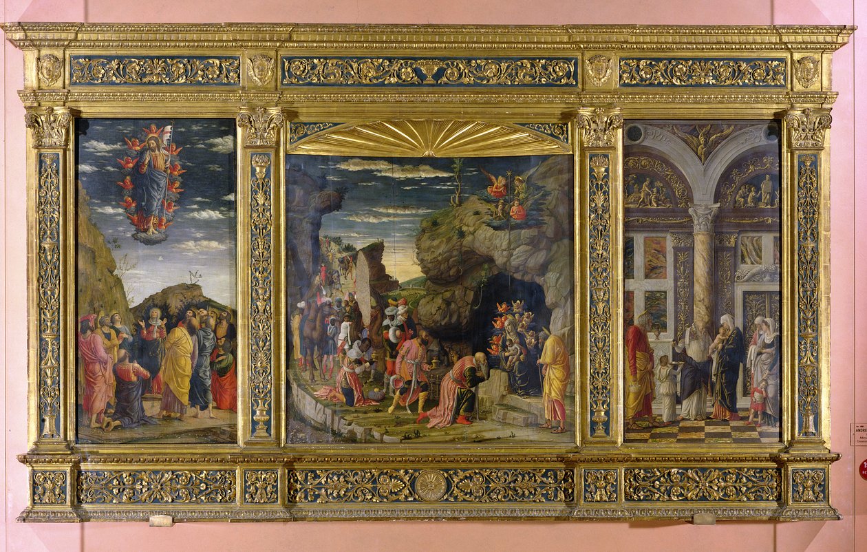 Alttaritaulu, joka kuvaa taivaaseenastumista, tietäjien palvontaa ja ympärileikkausta, n. 1463-64 (tempera paneelissa) tekijältä Andrea Mantegna