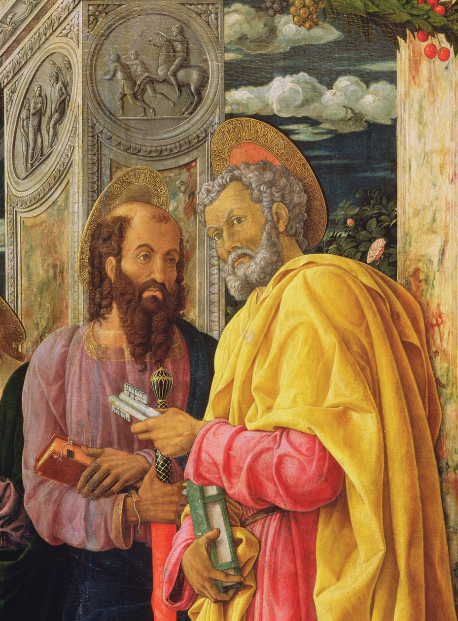 Alttaritaulu San Zeno Maggioresta, Verona, yksityiskohta vasemmasta paneelista, jossa näkyy Pyhä Pietari ja Pyhä Paavali, n. 1456-60 tekijältä Andrea Mantegna