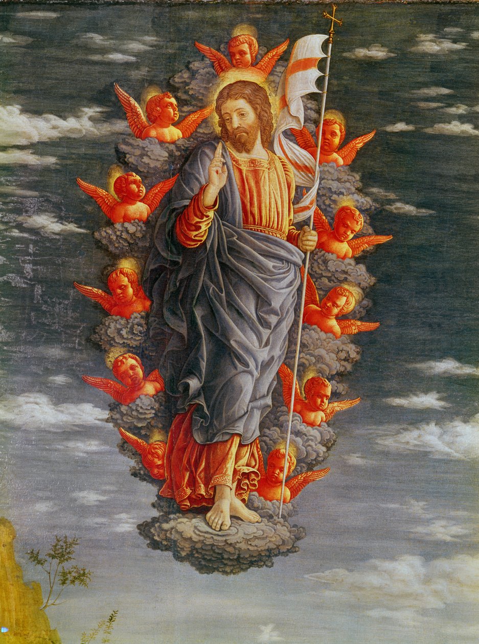 Adoration of the Magi -alttaritaulu vasen paneeli: Ascension, yksityiskohta Kristuksesta, n. 1466 tempera paneelissa tekijältä Andrea Mantegna