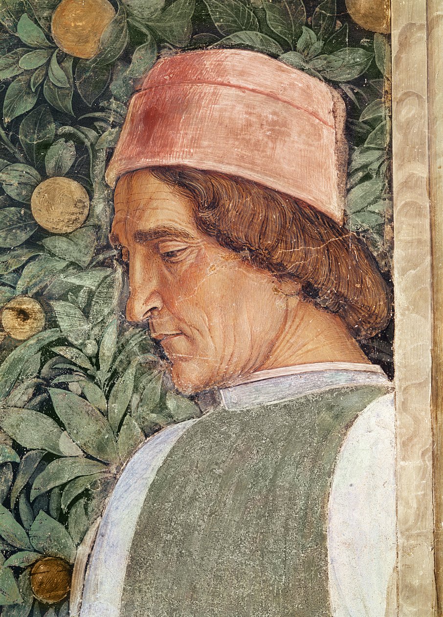 Yksityiskohta sulhasen päästä, Camera degli Sposi tai Camera Picta, 1465-74 tekijältä Andrea Mantegna