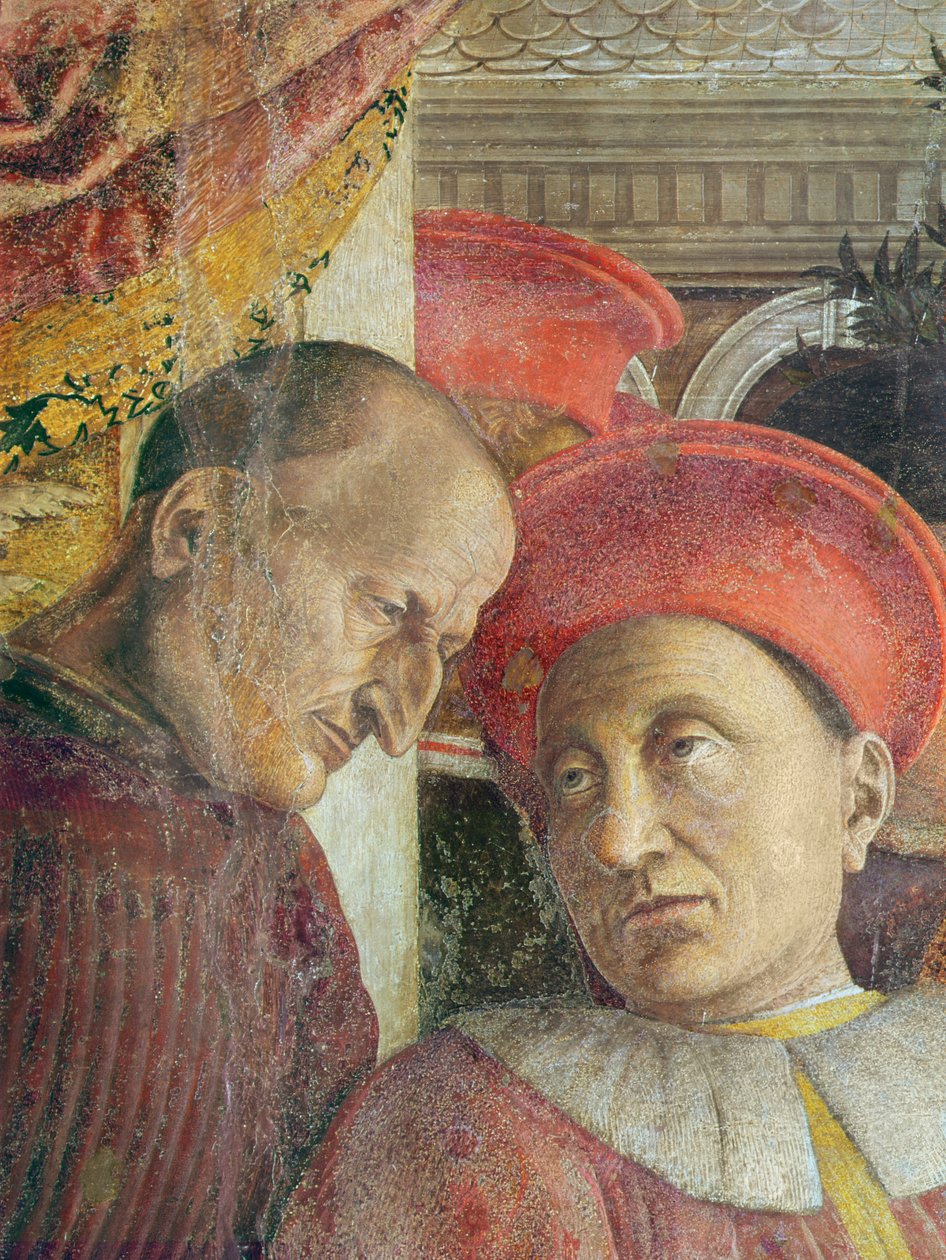 La Camera degli Sposi Morsiuskammio. Gonzagan Ludovico II ja hänen hovin yksityiskohta Ludovico II:sta ja hänen sihteeristään ennen restaurointia, n. 1466-1474 fresko tekijältä Andrea Mantegna