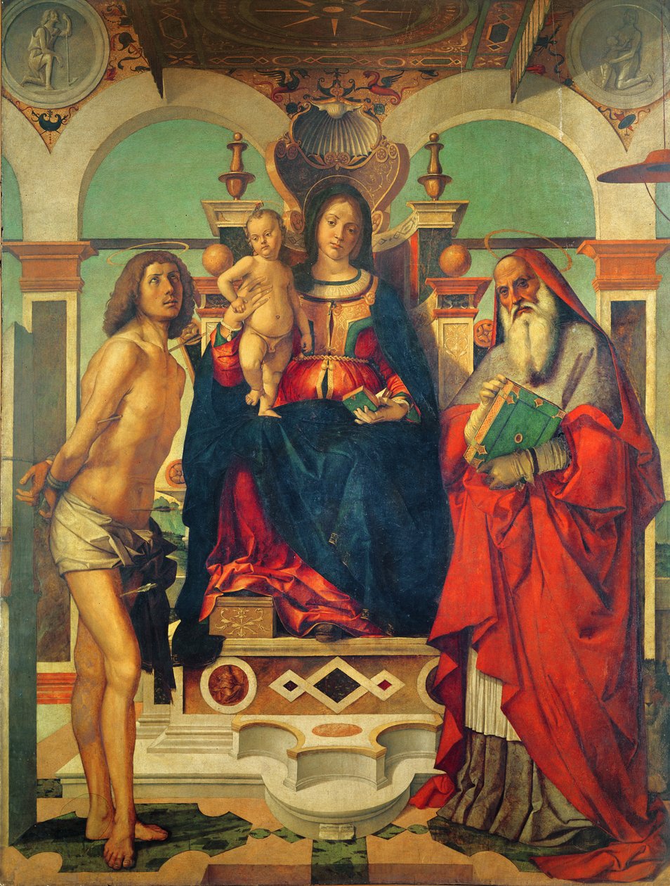 Madonna ja lapsi valtaistuimelle Pyhän Hieromuksen ja Pyhän Sebastianin kanssa tekijältä Andrea Mantegna