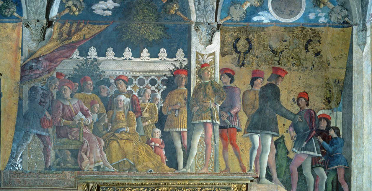 Marchese Ludovico Gonzaga III, hänen vaimonsa Barbara Brandenburgilainen, heidän lapsensa, hoviherransa ja koiransa Rubino, Camera degli Sposista tai Camera Pictasta, 1465-74 tekijältä Andrea Mantegna