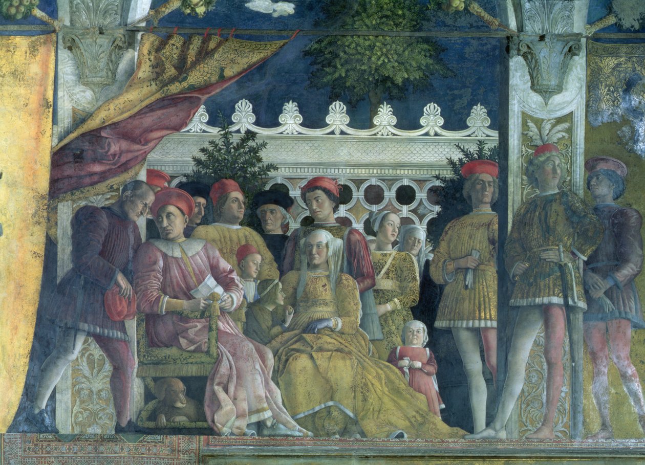 Mantovan marsalkka Ludovico Gonzaga III (hallitsi 1444-78), hänen vaimonsa Barbara Brandenburgilainen, lapsia, hoviväkeä ja heidän koiransa Rubino, Camera degli Sposi tai Camera Picta, 1465-74 (Det. tekijältä Andrea Mantegna