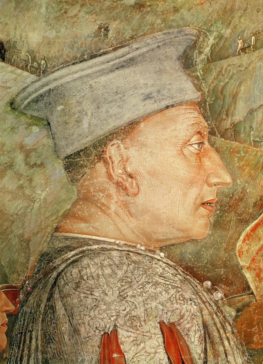 Marchese Ludovico Gonzaga III Mantovasta tervehtimässä poikaansa kardinaali Francesco Gonzagaa, yksityiskohta Ludovico Gonzagasta, n. 1465-1474 freskon yksityiskohta 78456, 78454 tekijältä Andrea Mantegna