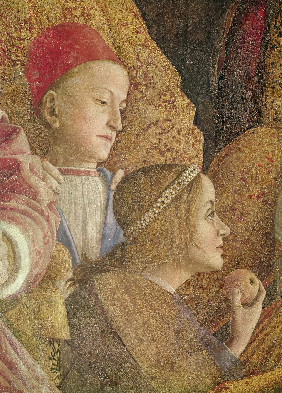 Marchese Ludovico Gonzago III Mantovasta perheineen ja hoviherroineen, (tiedot Gonzago-lapsista), n. 1465-1474 (78461:n yksityiskohta) tekijältä Andrea Mantegna