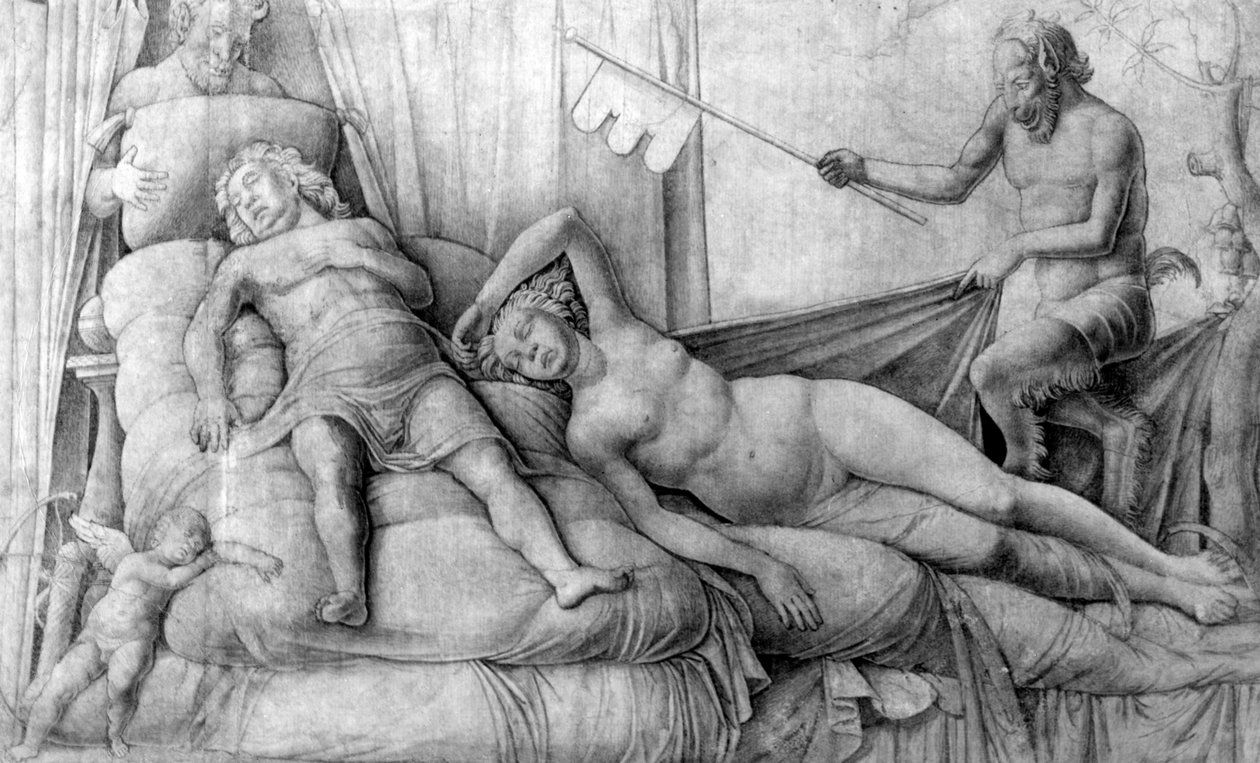 Alaston nainen unessa Cupidon ja satyyrien kanssa tekijältä Andrea Mantegna