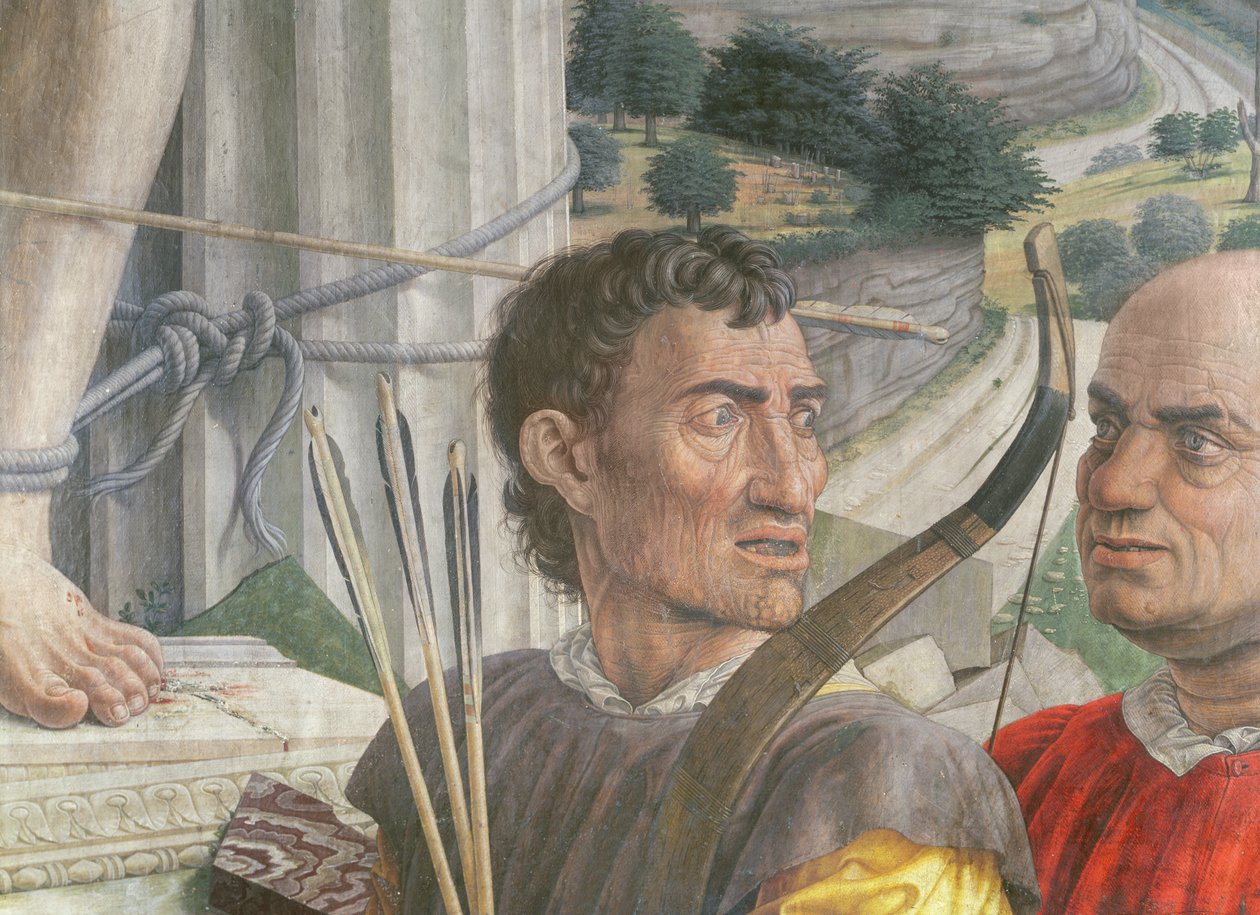 Pyhä Sebastian, 1480 Yksityiskohta sotilaista öljy kankaalle tekijältä Andrea Mantegna