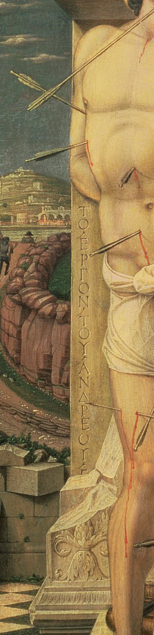 St. Sebastian (yksityiskohta), n. 1459 (tempera paneelissa) tekijältä Andrea Mantegna