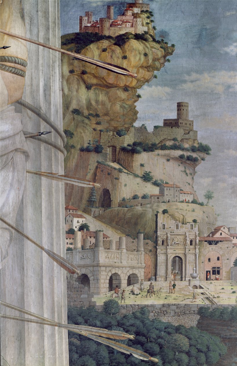 St. Sebastian, yksityiskohta maisemasta, 1481 tekijältä Andrea Mantegna