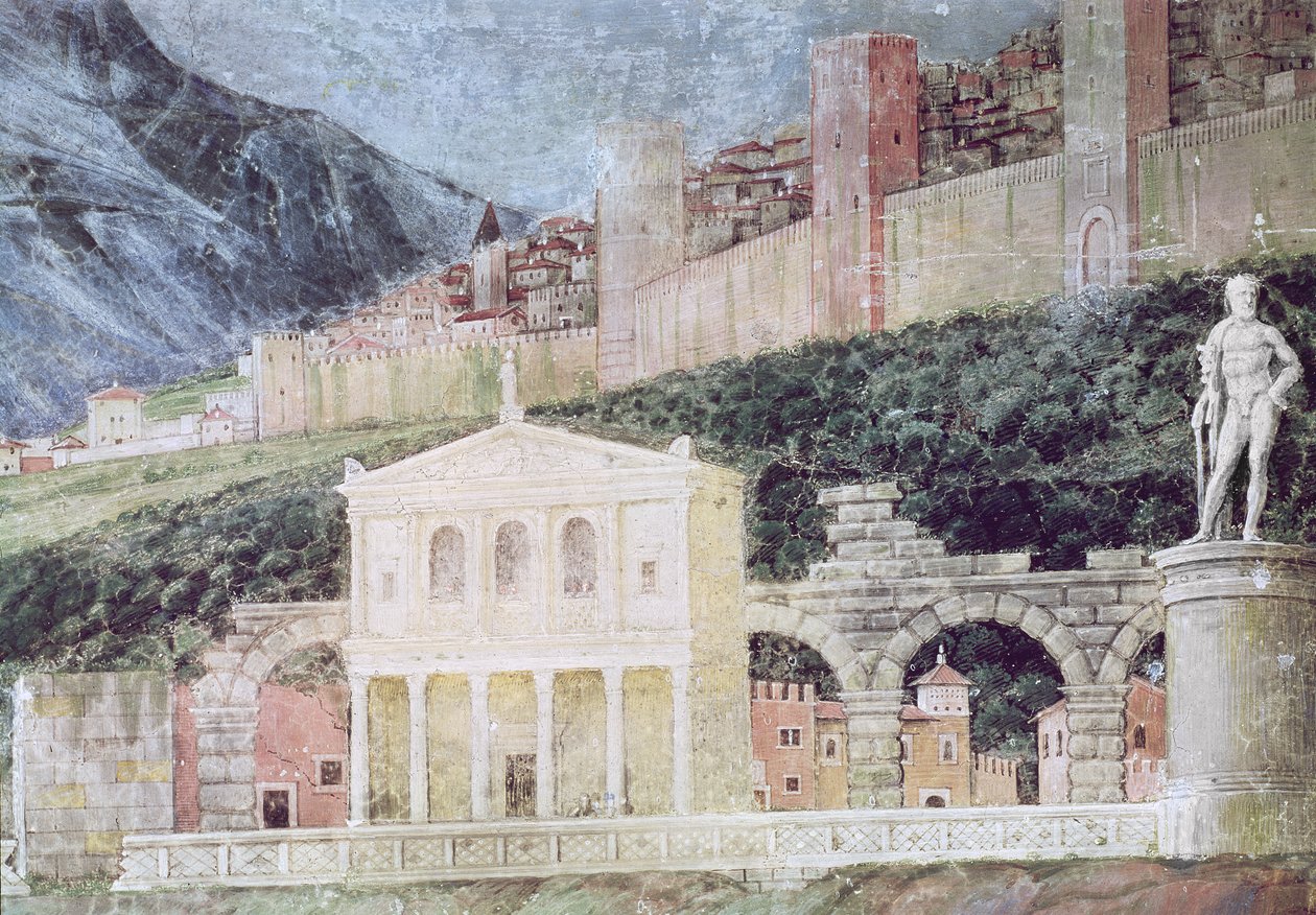 Kardinaali Francesco Gonzagan saapuminen, yksityiskohta taustasta, joka näyttää idealisoidun näkymän Roomaan, n. 1465-1474 (yksityiskohta 78457, 78449) tekijältä Andrea Mantegna