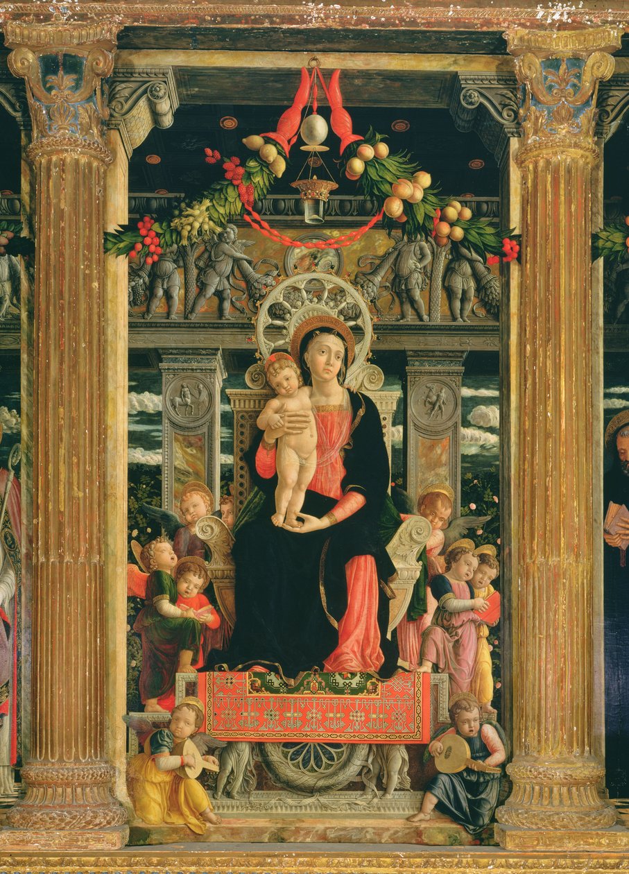 Neitsyt ja lapsi enkelien kanssa, keskipaneeli Pyhän Zenon Veronan alttaritaulusta, 1456-60 (yksityiskohta 214237) tekijältä Andrea Mantegna