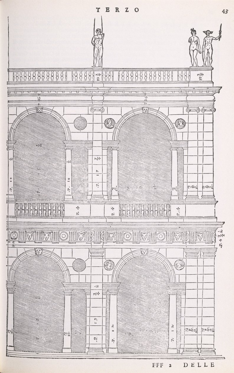 Vicenzan basilikan korkeusyksityiskohta, kuva I Quattro Libri dellArchitetturan faksimilekopiosta, jonka on kirjoittanut Palladio, alun perin julkaistu 1570 tekijältä Andrea Palladio