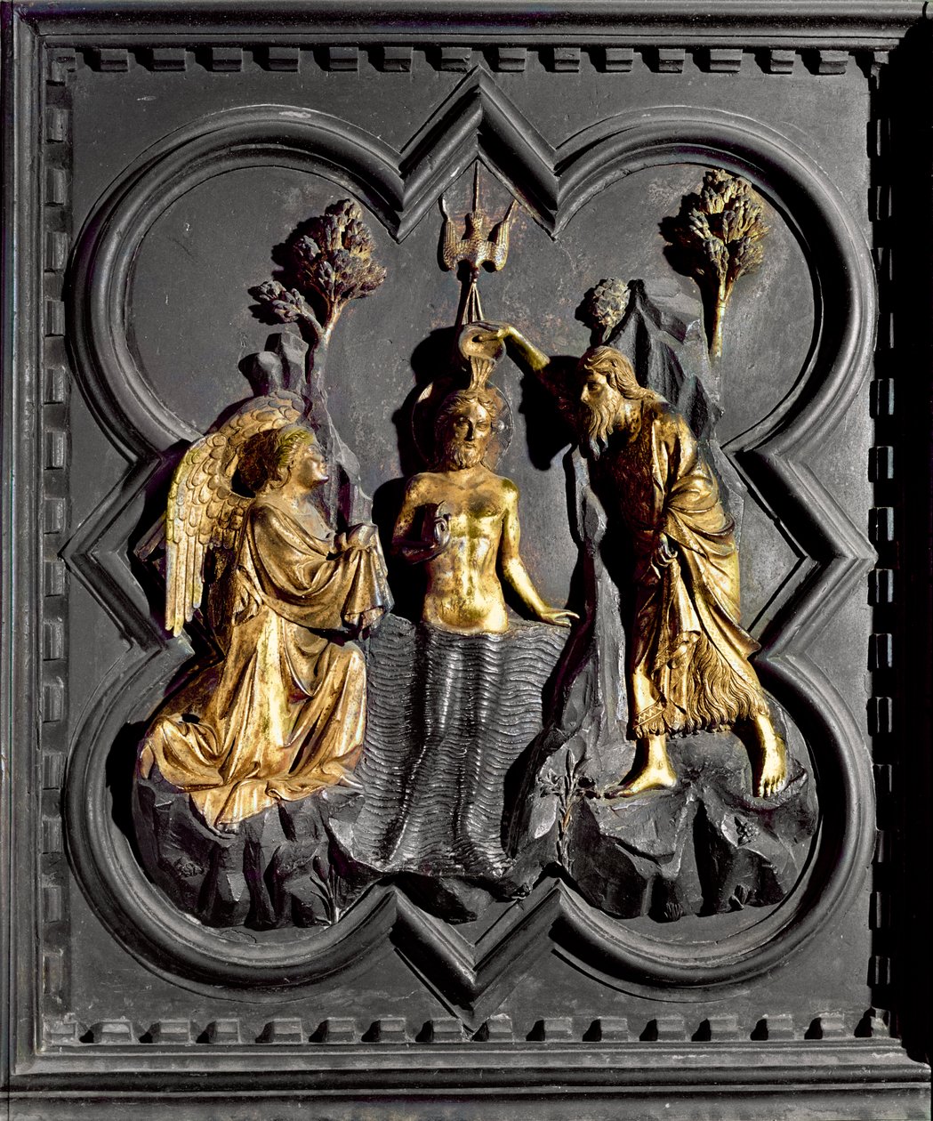 Kristuksen kaste, paneeli kastekappelin eteläovista, joka kuvaa kohtauksia Pyhän Johannes Kastajan elämästä, 1336 (kullattu pronssi) tekijältä Andrea Pisano