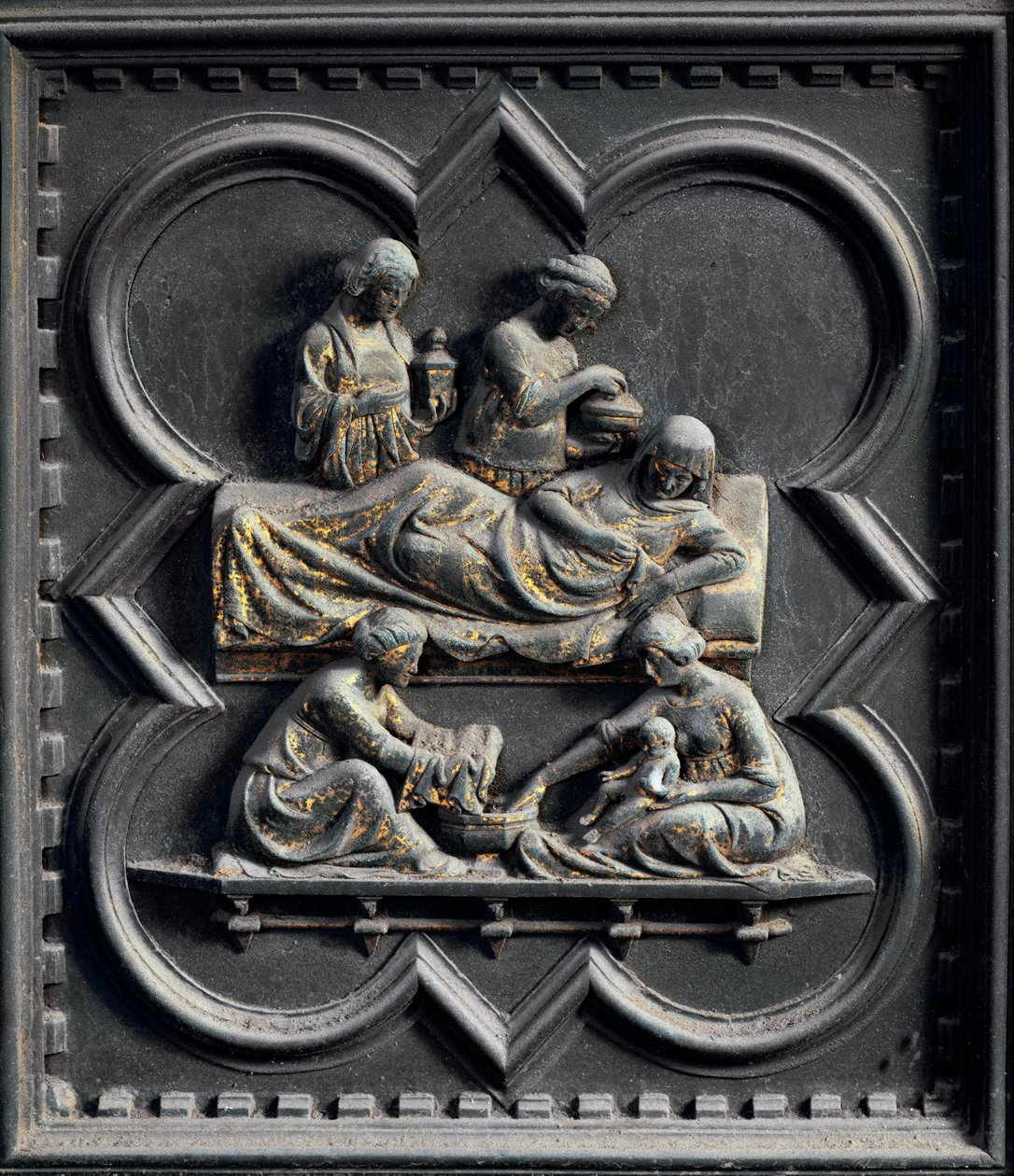 Pyhän Johannes Kastajan syntymä, San Giovannin kastekappelin eteläisten ovien neljäs paneeli, 1336 (pronssi) tekijältä Andrea Pisano