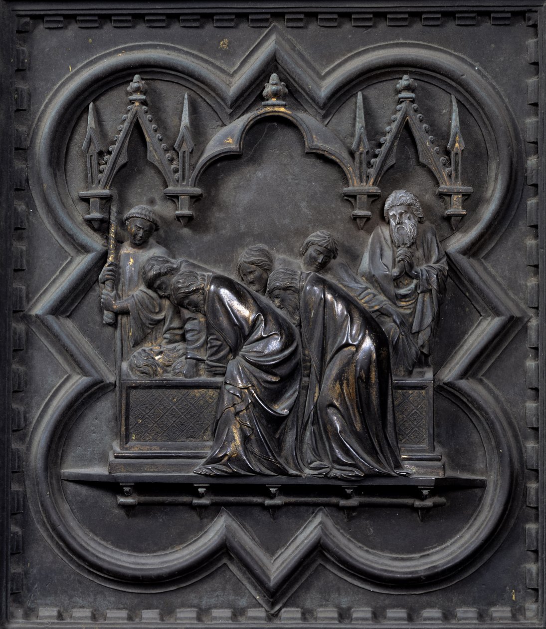 Pyhän Johannes Kastajan hautaus, kahdeskymmenes paneeli San Giovannin kastekappelin eteläovista, 1336 (pronssi) tekijältä Andrea Pisano