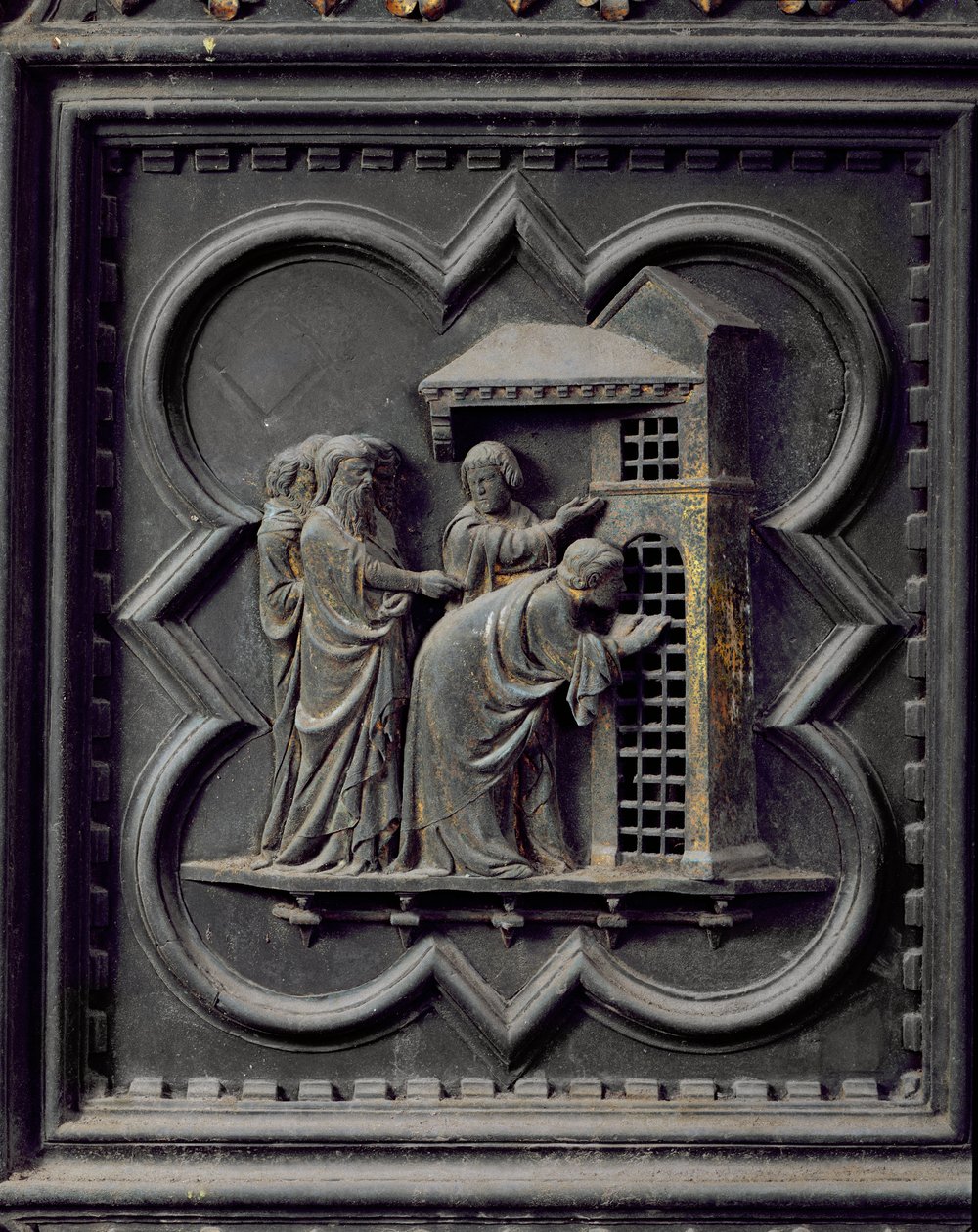 Opetuslapset vierailevat Pyhän Johannes Kastajan luona, San Giovannin kastekappelin eteläisten ovien kolmastoista paneeli, 1336 (pronssi) tekijältä Andrea Pisano