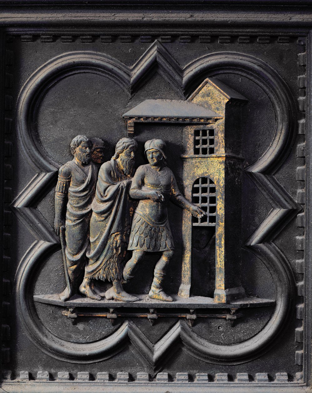 Johannes Kastajan vangitseminen, San Giovannin kastekirkon eteläovien kahdestoista paneeli, 1336 (pronssi). tekijältä Andrea Pisano