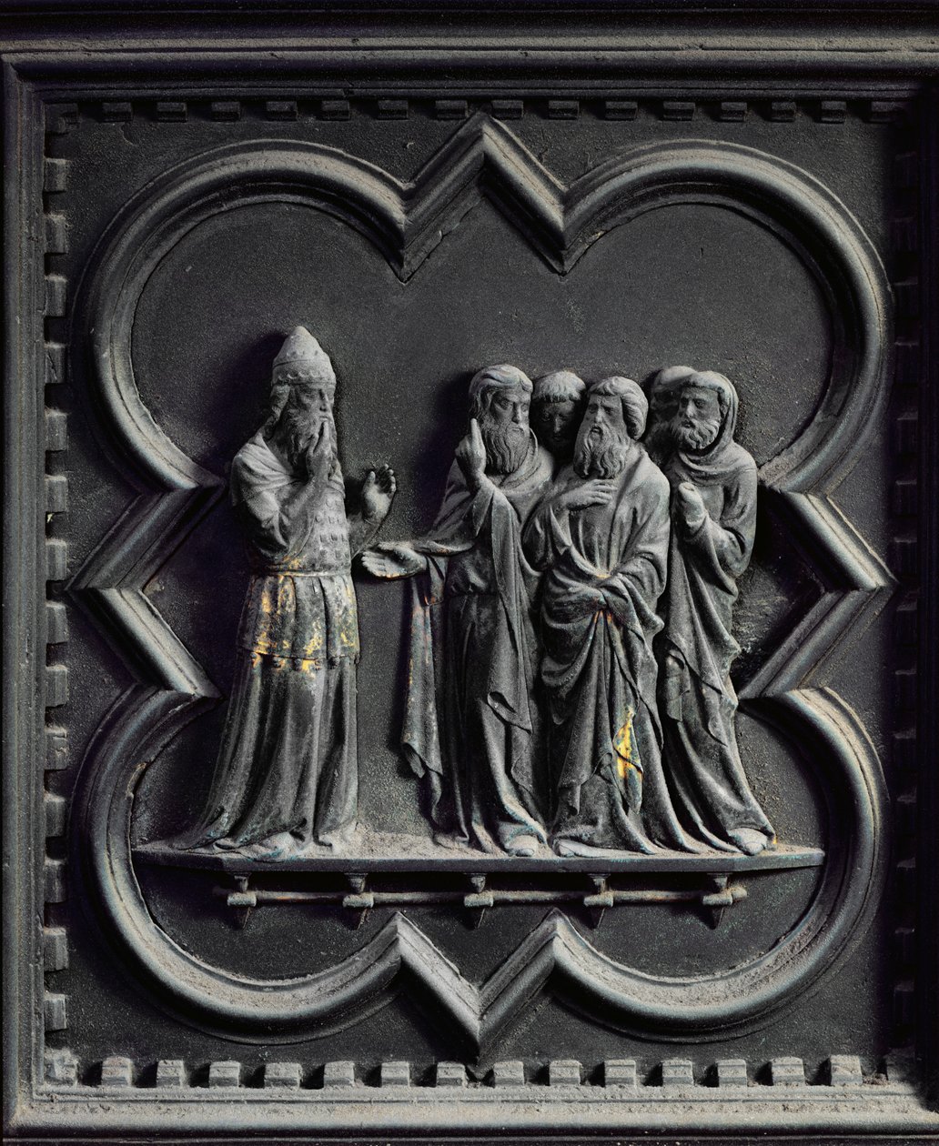 Sakarja on lyöty mykäksi, San Giovannin kastekirkon eteläovien toinen paneeli, 1336 (pronssi). tekijältä Andrea Pisano