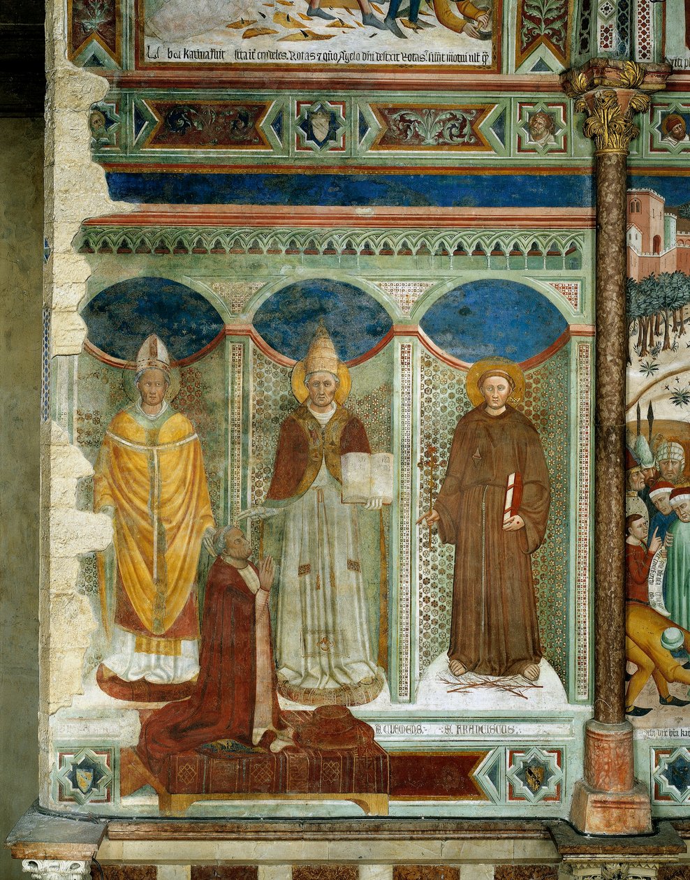 Pyhä Sabinus, kardinaali egidio Albornoz polvistuneena, pyhä Klemens ja pyhä Fransiskus, kohtauksia Aleksandrian pyhän Katariinan elämästä, noin 1368. tekijältä Andrea de Bartoli