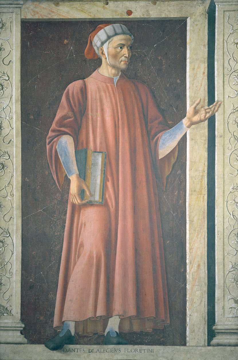 Dante Alighieri (1265-1321) kuuluisien miesten ja naisten Villa Carducci -sarjasta, n. 1450 (katso lisätietoja kohdasta 28493) tekijältä Andrea del Castagno