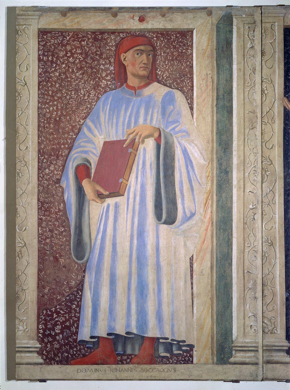 Giovanni Boccaccio (1313-75) kuuluisien miesten ja naisten Villa Carducci -sarjasta, n. 1450 (kankaalle asetettu fresko) tekijältä Andrea del Castagno