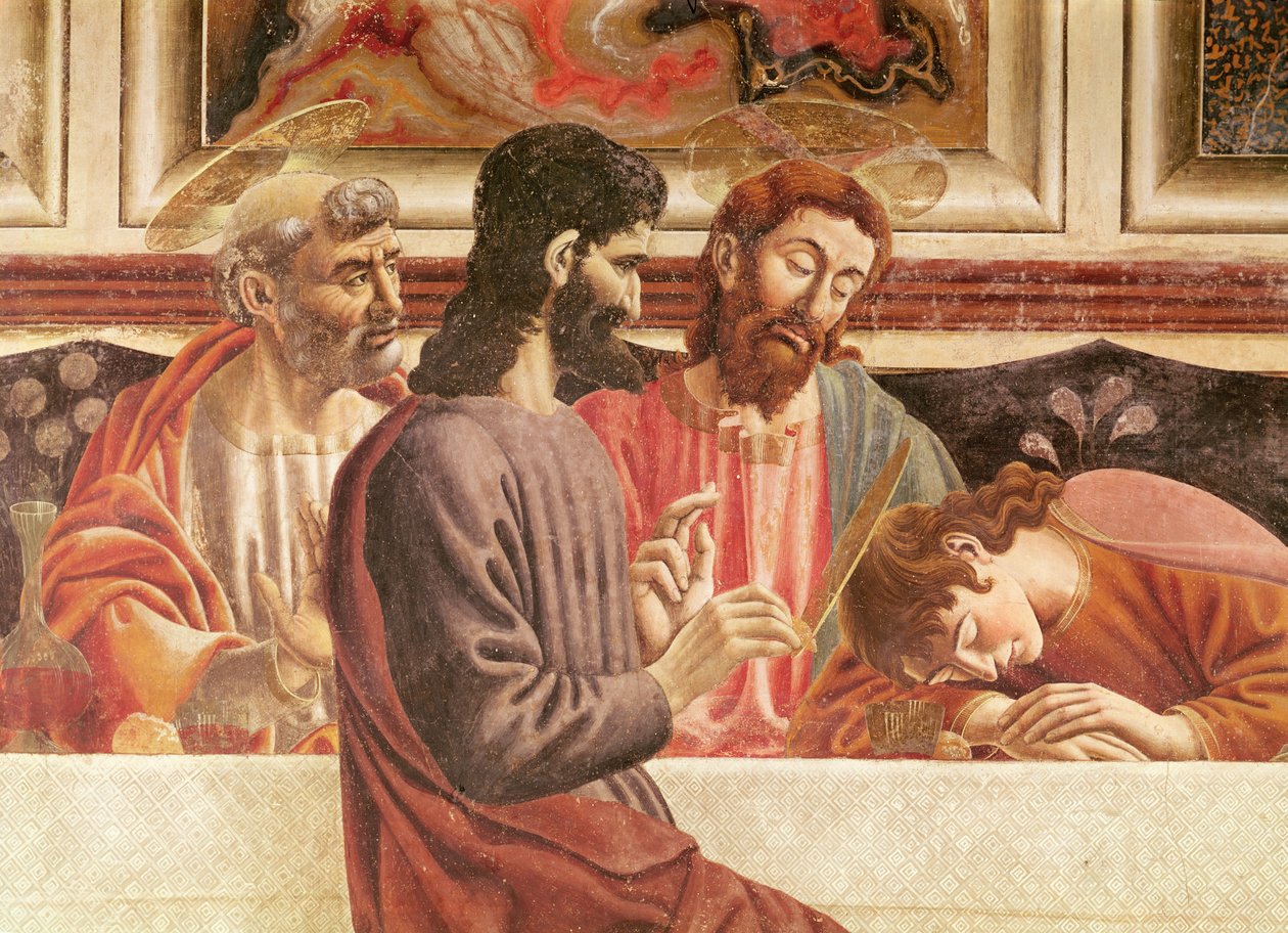 Viimeinen ehtoollinen, pyhien Johanneksen ja Pietarin, Kristuksen ja Juudaksen yksityiskohta, 1447 (85172:n yksityiskohta) tekijältä Andrea del Castagno