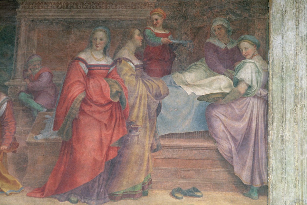Sänkykohtaus, Neitsyen syntymästä (yksityiskohta) tekijältä Andrea del Sarto