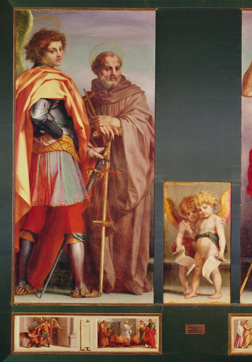 Polyptyykki Vallombrosan luostarista, yksityiskohta vasemmasta sivusta, jossa arkkienkeli Mikael ja Pyhä Benedictus, 1528 (yksityiskohta 50405) tekijältä Andrea del Sarto