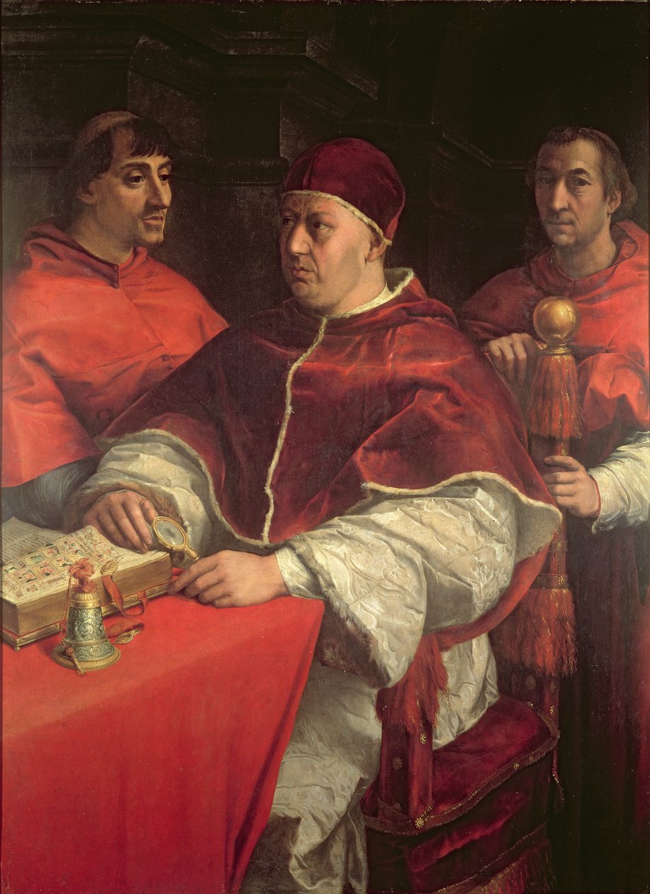 Paavi Leo X kahden kardinaalin kanssa Rafaelin maalauksen jälkeen (tempera paneelissa) tekijältä Andrea del Sarto