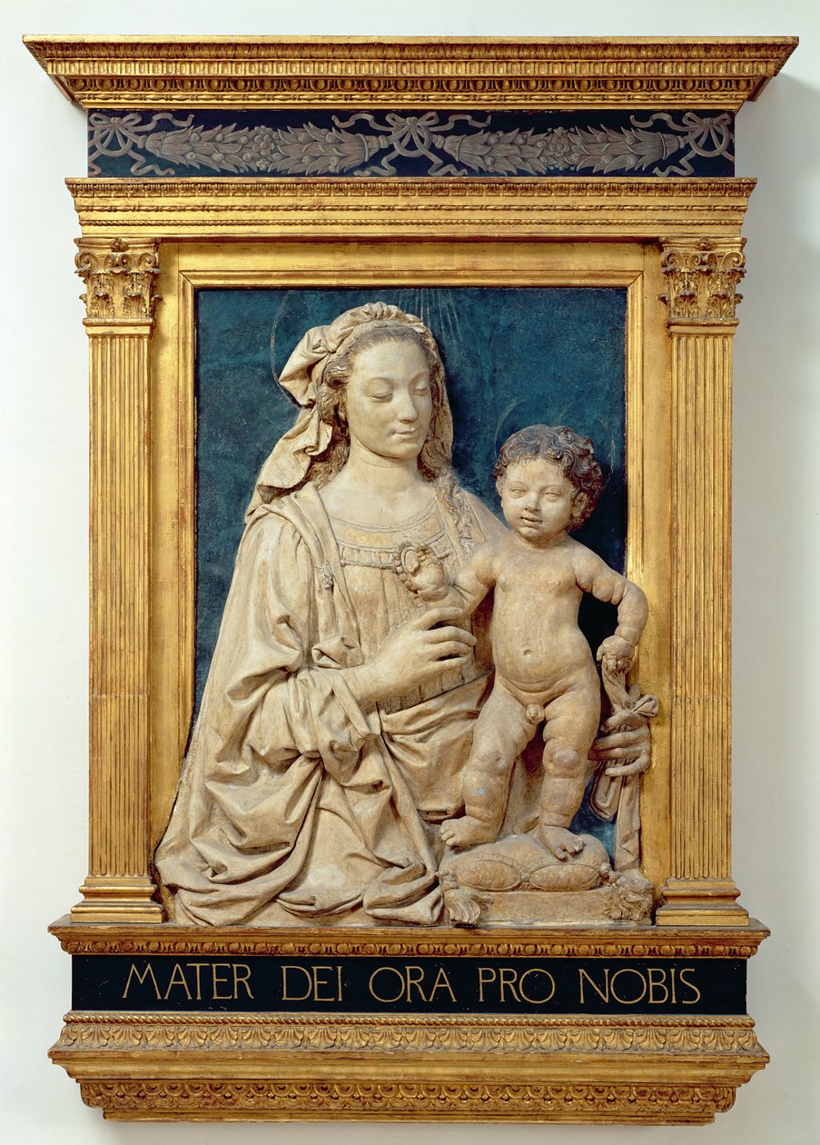 Madonna ja lapsi, n. 1470 (lasitettu terrakotta) (katso myös 428020) tekijältä Andrea del Verrocchio