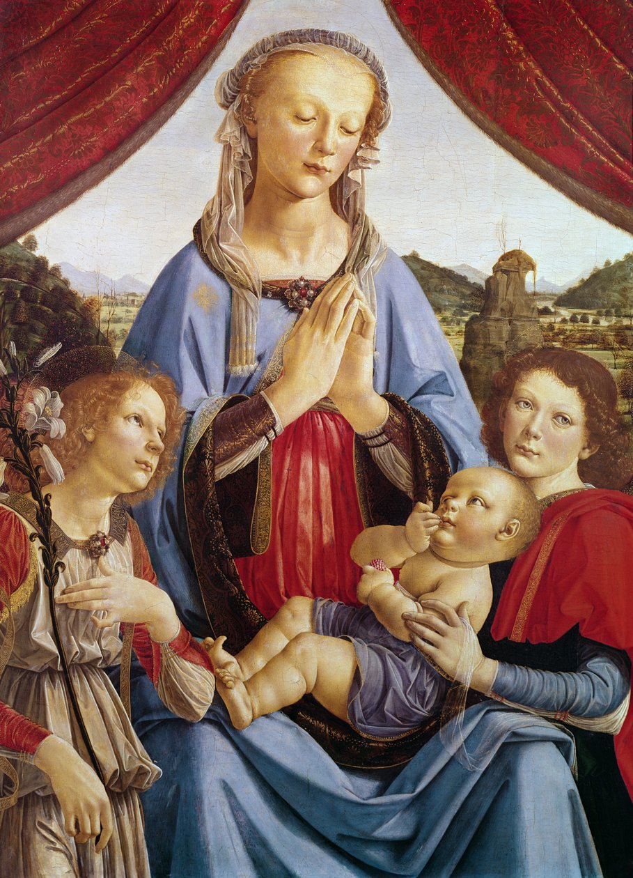Neitsyt ja lapsi kahden enkelin kanssa, noin 1470-luku (munan tempera puulla) tekijältä Andrea del Verrocchio