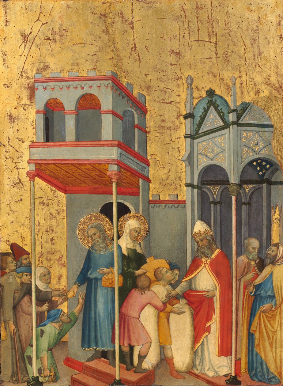 Joachim ja Anna antavat ruokaa köyhille ja uhrauksia temppelille, n. 1400-5 (tempera poppelitaululla) tekijältä Andrea di Bartolo
