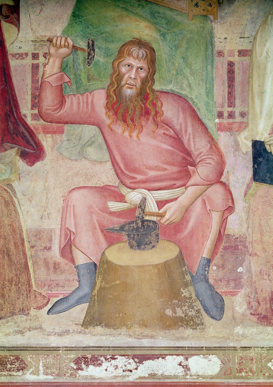 Allegoria aktiivisesta ja voittoisasta kirkosta, yksityiskohta oikeassa alakulmassa olevasta osasta, jossa näkyy Tubal-cain, n. 1366-68 tekijältä Andrea di Bonaiuto