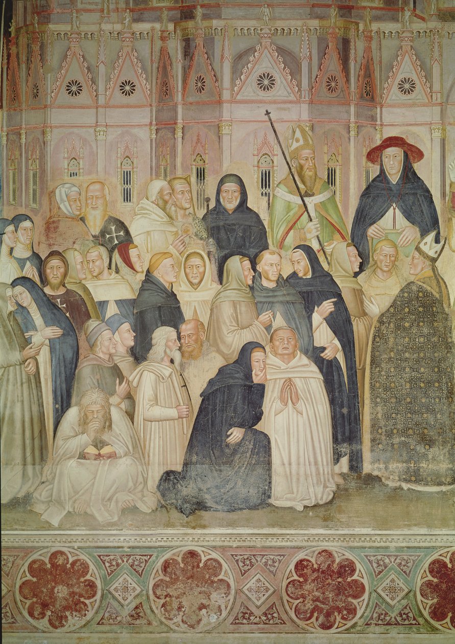 The Church Militant and Triumphant, yksityiskohta vasemmasta reunasta, n. 1366-68 freskon yksityiskohta 72859, 31612 tekijältä Andrea di Bonaiuto