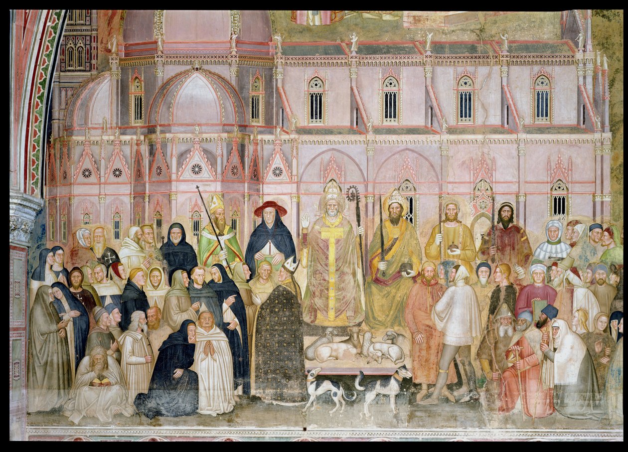 The Church Militant and Triumphant, yksityiskohta maallisista viranomaisista Santa Maria del Fiorella taustalla, espanjalaisesta kappelista, n. 1369 fresko yksityiskohta 31612 tekijältä Andrea di Bonaiuto