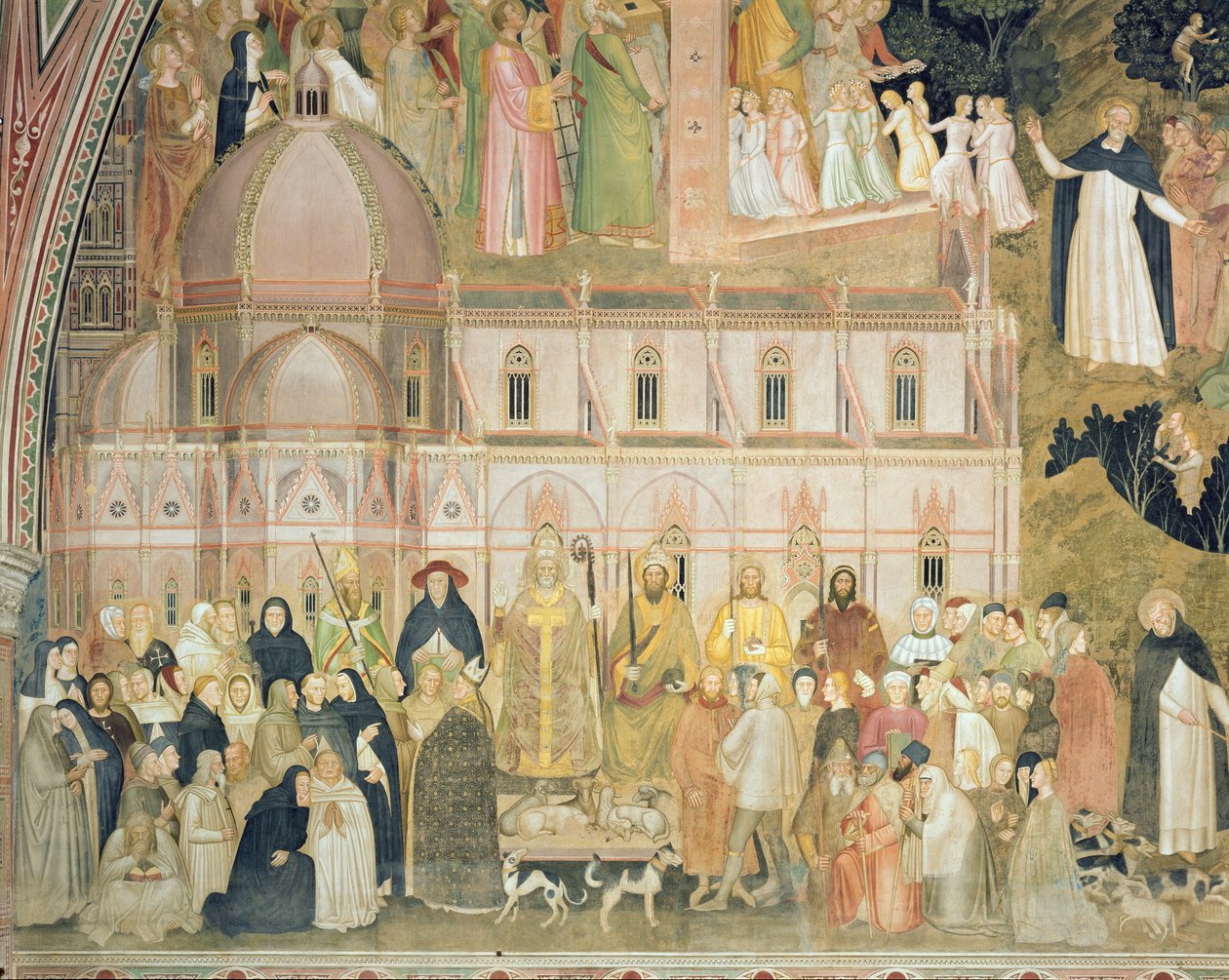 The Church Militant and Triumphant, yksityiskohta maallisista viranomaisista Santa Maria del Fioren kanssa taustalla, espanjalaisesta kappelista, noin 1369 freskon yksityiskohta vuodelta 31612 tekijältä Andrea di Bonaiuto