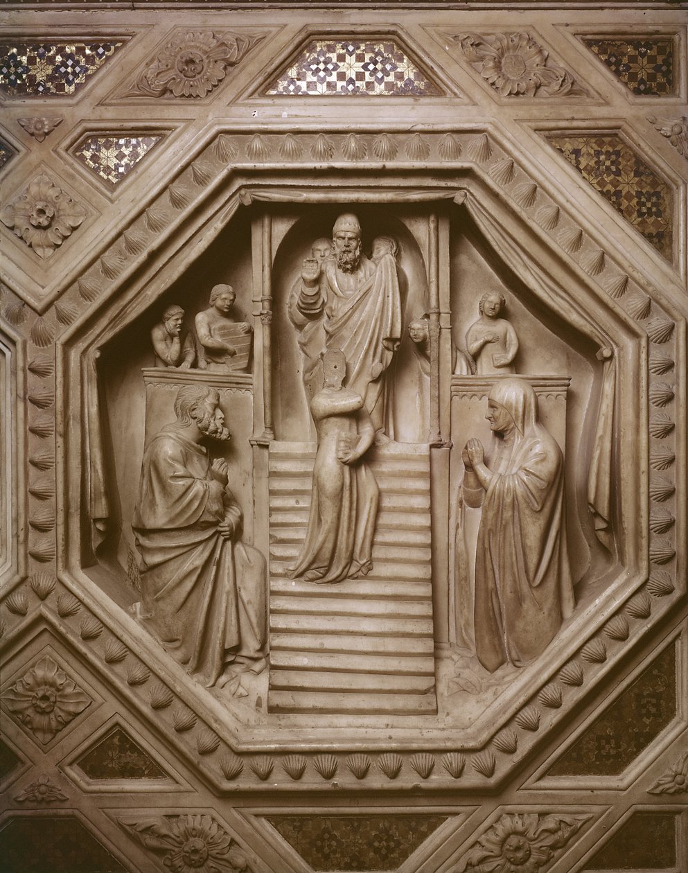 Neitsyen esitys temppelissä, yksityiskohta tabernaakkelin pohjasta, 1349-59 (marmori) tekijältä Andrea di Cione Orcagna