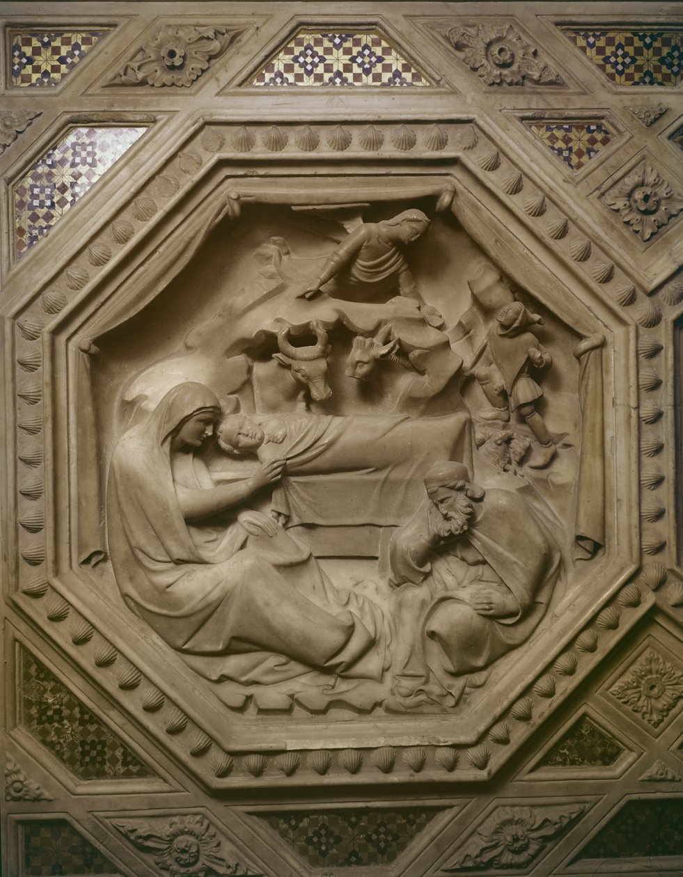 Maagien palvonta, yksityiskohta tabernaakkelin pohjasta, 1349-59 (marmori) tekijältä Andrea di Cione Orcagna