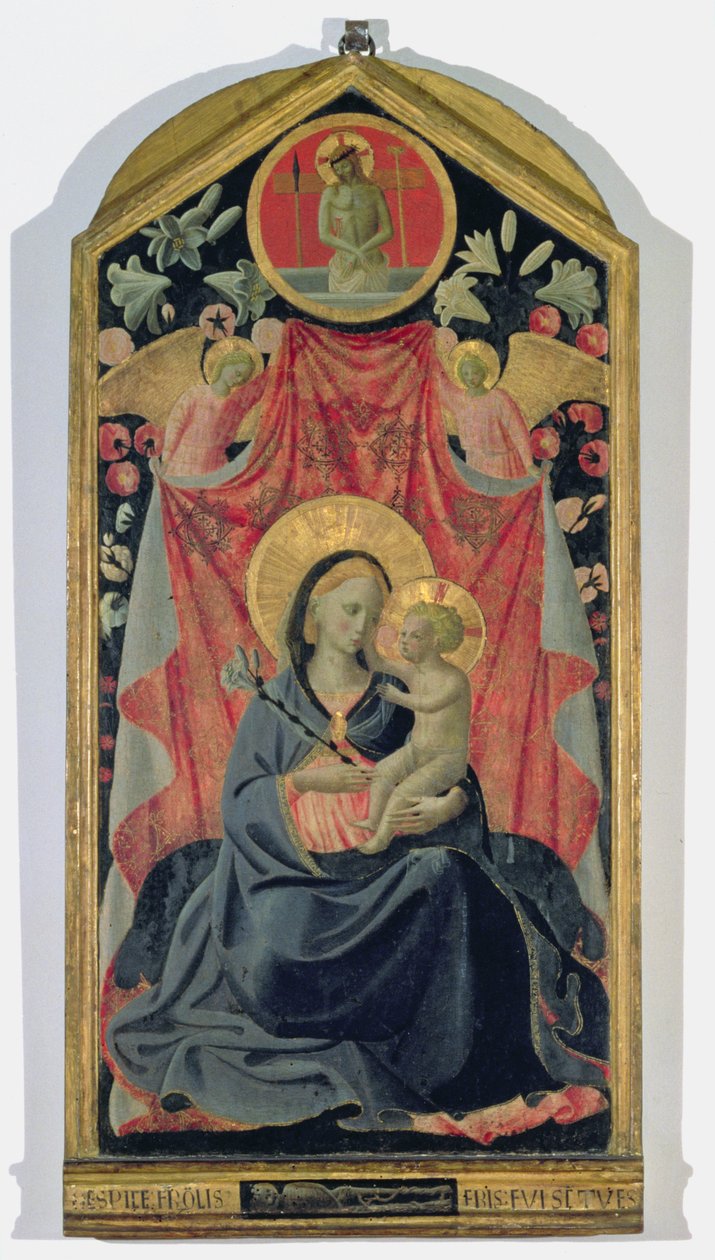 Madonna ja lapsi kahden enkelin kanssa ja haudasta noussut Kristus (tempera paneelissa) tekijältä Andrea di Giusto Manzini