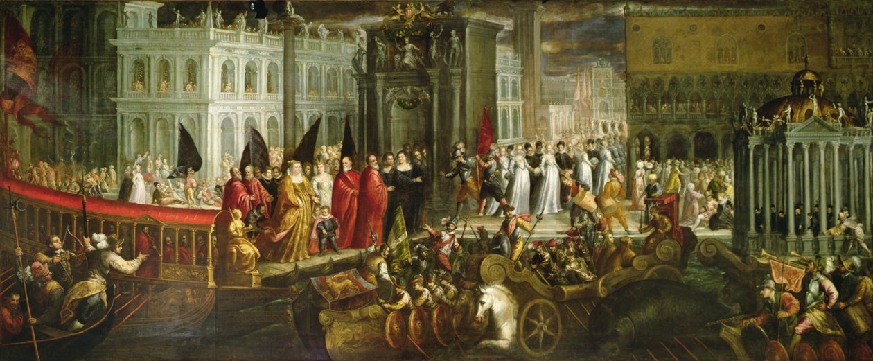 Dogaressa Morosina Morosini Grimanin saapuminen Ducal Palaceen Venetsiaan, n. 1600 (öljy kankaalle) tekijältä Andrea Vicentino