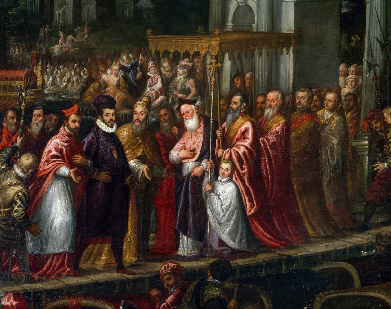 Doge Mocenigo ja patriarkka Trevisan toivottivat Henrik III:n tervetulleeksi Lidoon vuonna 1574 tekijältä Andrea Vicentino