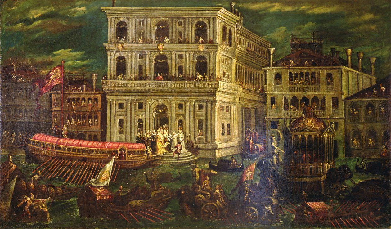Dogaressa Morosina Morosini Grimanin maihinnousu 4. toukokuuta 1597, Venetsia, n. 1600 (öljy kankaalle) tekijältä Andrea Vicentino