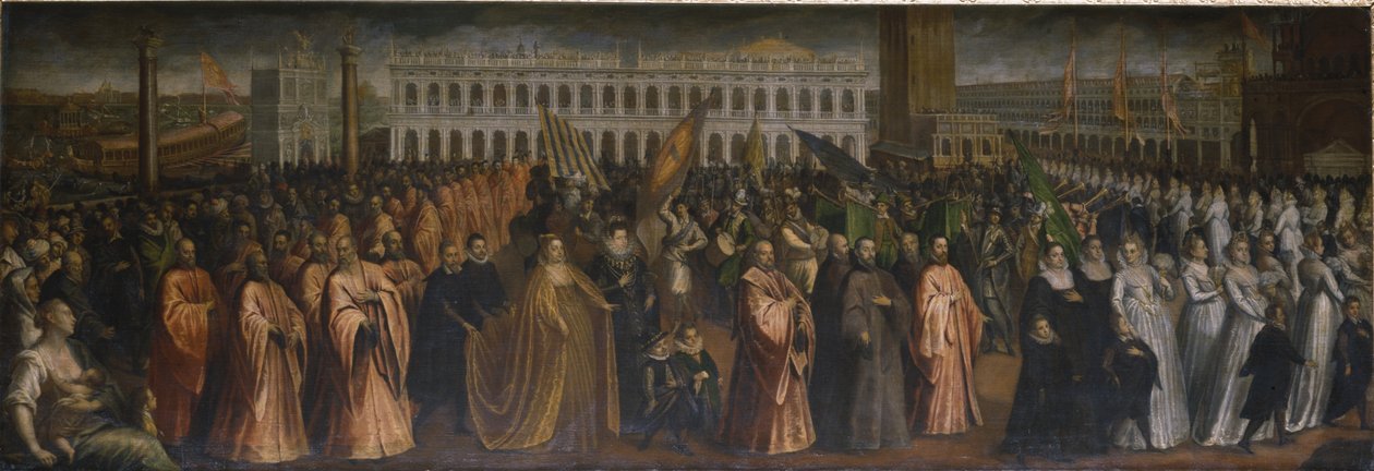 Dogaressa Marina Morosini-Grimani lähtee Palazzo Grimanista kruunajaisiinsa Venetsian Palazzo Ducalessa tekijältä Andrea Vicentino