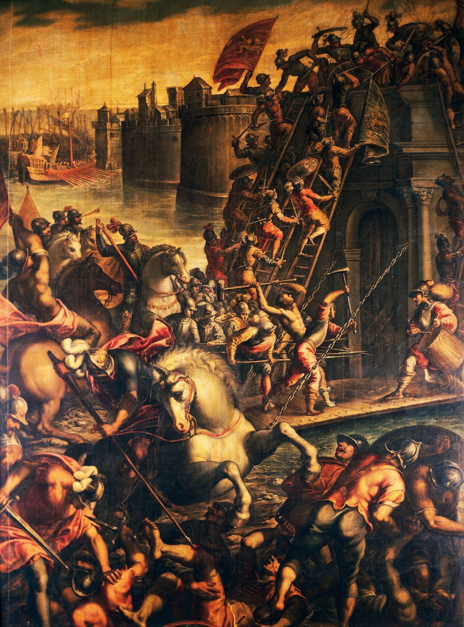 Venetsian doge Enrico Dandolo ja hänen ristiretkeläänsä hyökkäämässä Zadarin kaupunkiin vuonna 1202, Andrea Michielin öljy kankaalle (noin 1542-noin 1617), neljäs ristiretki, Kroatia tekijältä Andrea (c.1542 c.1617) Michieli