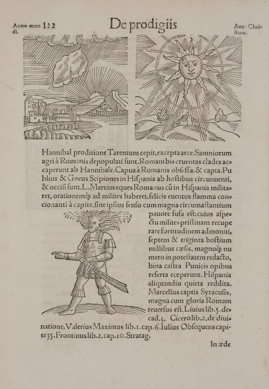 Sivu Conradus Lycosthenesin "De Prodigiis" -elokuvasta (Luonnon ihmeeläimet) tekijältä Andrea Schiavone
