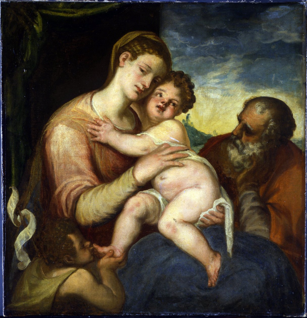 Pyhä perhe Johannes Kastajan kanssa par Schiavone, Andrea (n. 1520-1582). Öljy kankaalle, koko : 98x93, , Prahan linna tekijältä Andrea Schiavone